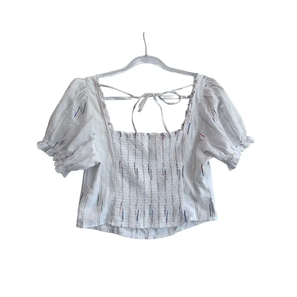 Free People White Puff Sleeve Square Neck Smocked Back Blouse XL Cottagecore Tie